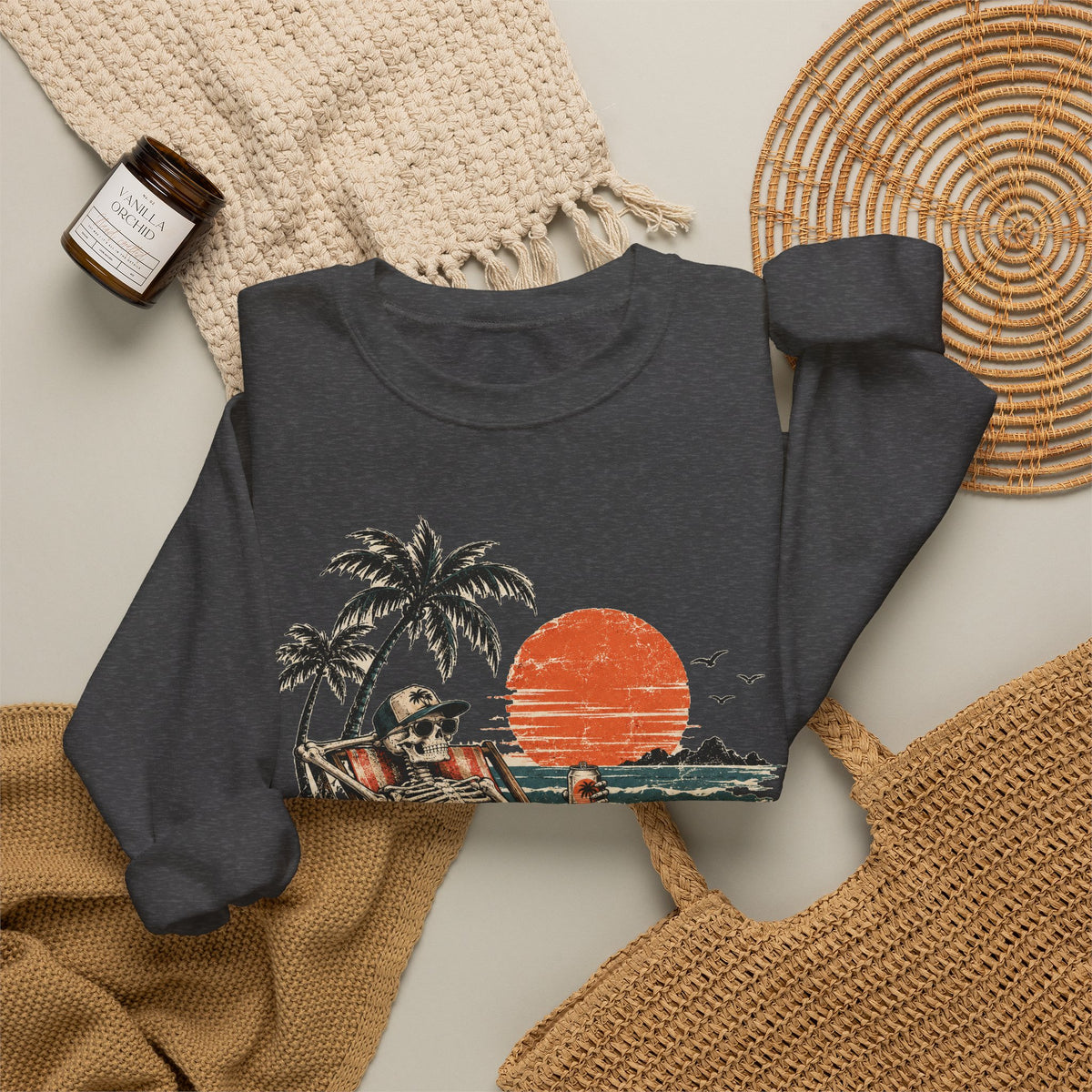 Beach Skeleton Sunset Sweatshirt Palm Trees Vacation Mode Skeleton Crewneck