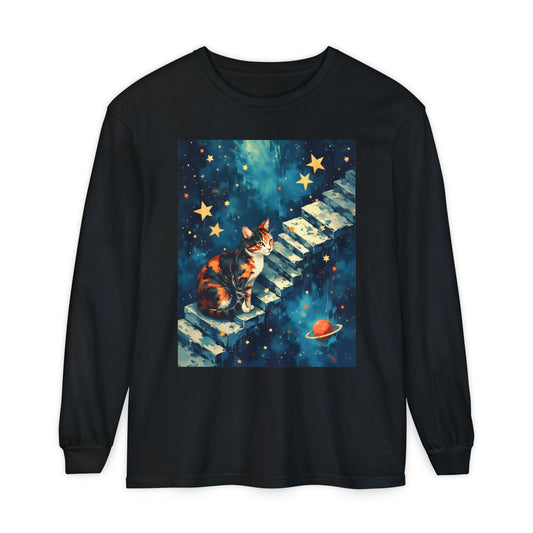 Long Sleeve T-Shirt - Cat on a Stairway to the Stars