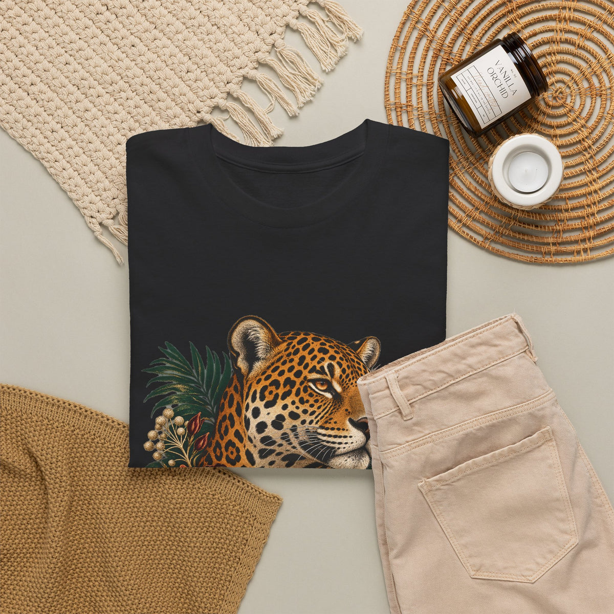 Jaguar Hibiscus Tropical T-Shirt Big Cat Floral Portrait Tee