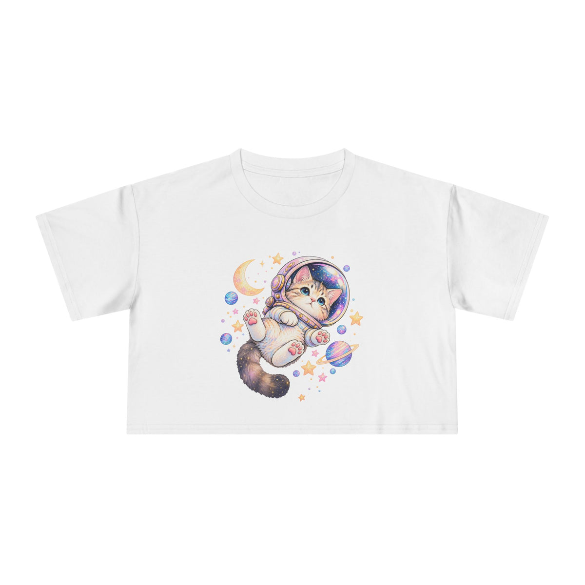 Astronaut Kitten Crop Tee, Cute Pastel Space Cat Helmet Moon Planets Stars Kawaii Women's Cropped T-Shirt