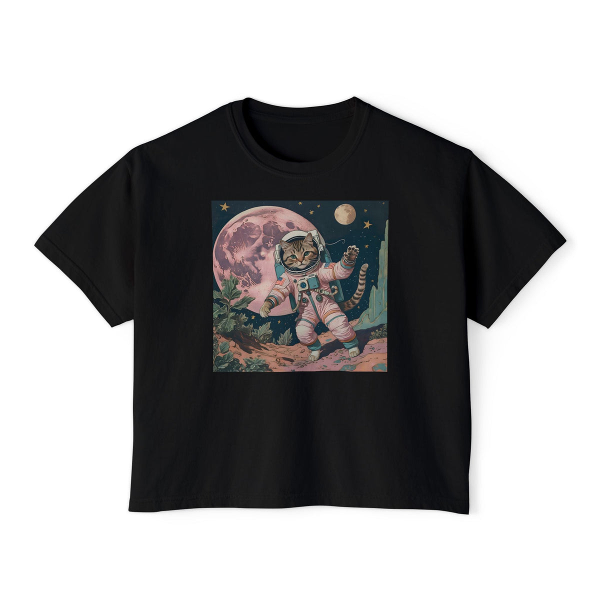 Womens Aesthetic Cats in Space T-Shirt Vintage Astronaut Cat Pink Moon Boxy Tee