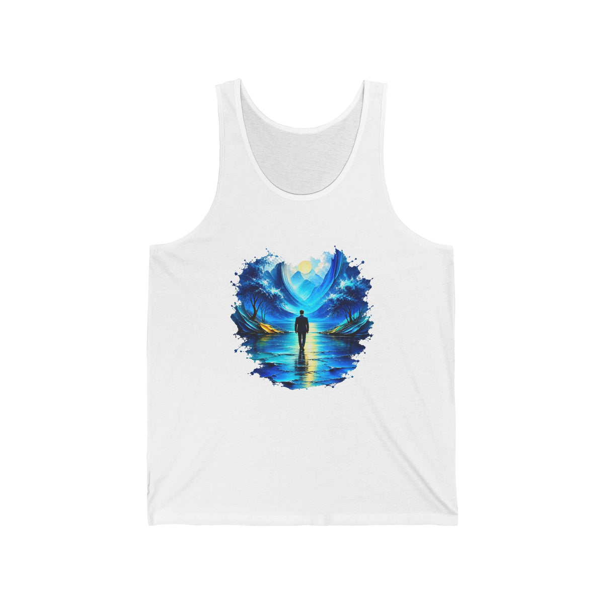 Blue Dreamscape Wanderer Tank Top Man Walking on Water Toward the Sun Paint Splash Art