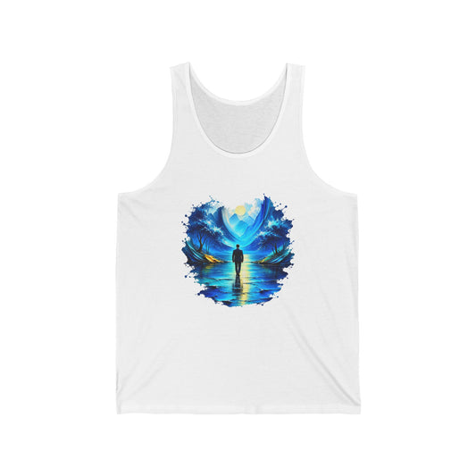 Blue Dreamscape Wanderer Tank Top Man Walking on Water Toward the Sun Paint Splash Art