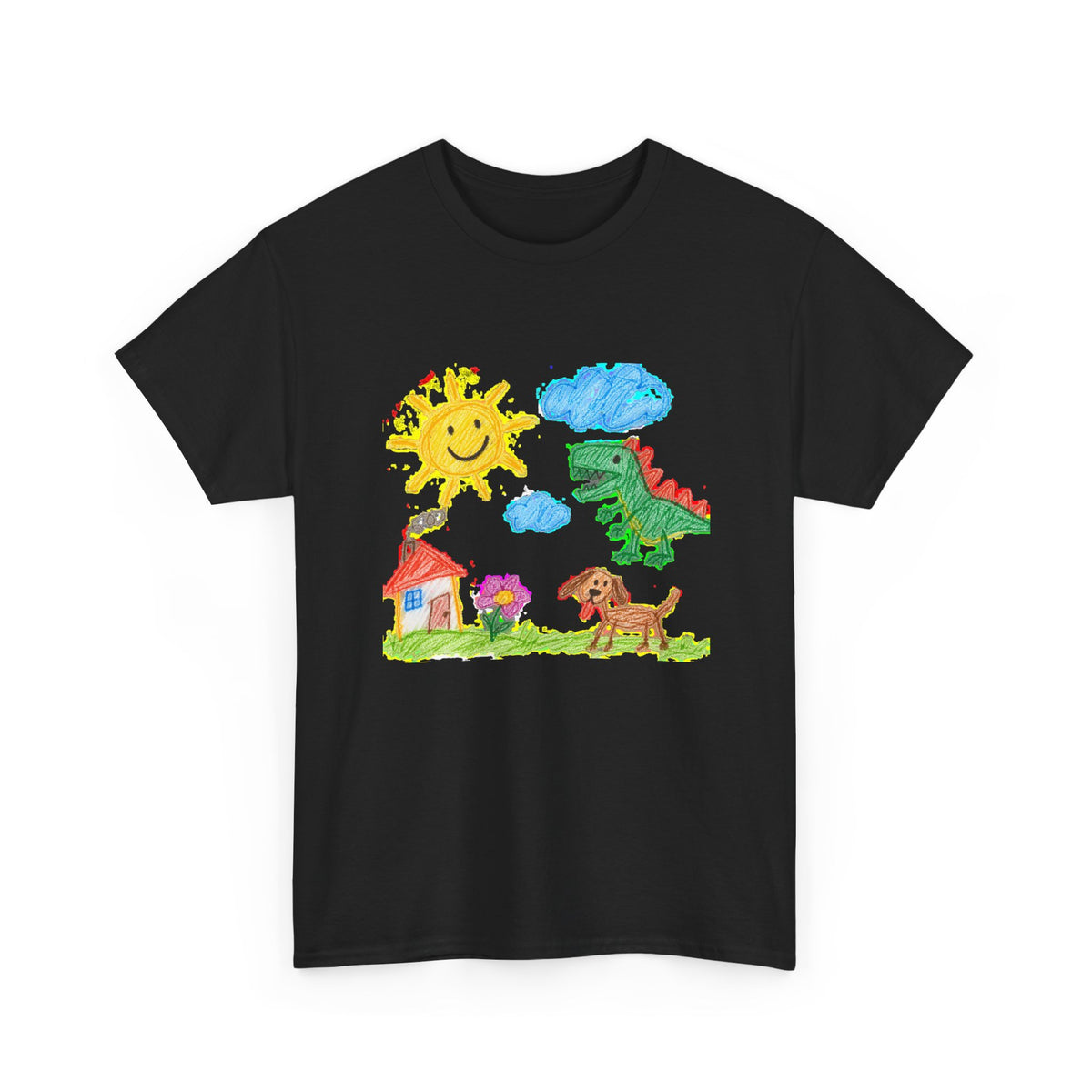 Kids Crayon Drawing T-Shirt Dinosaur Dog Sun House Cute Childlike Art Tee