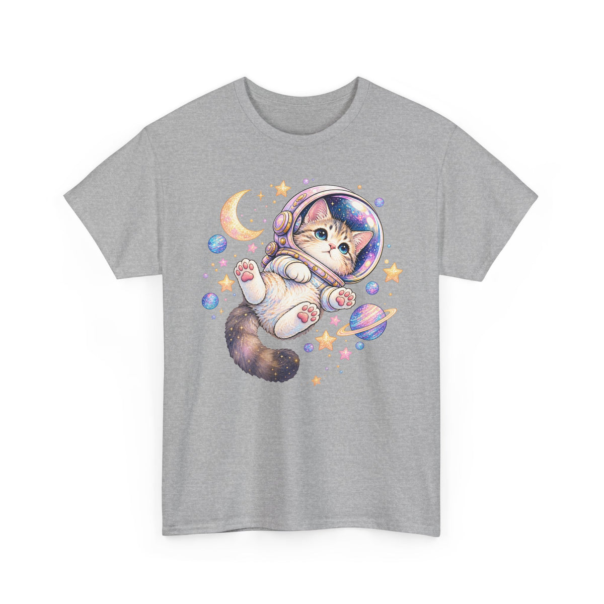 Astronaut Kitten T-Shirt, Cute Pastel Space Cat Helmet Moon Planets Stars Graphic Tee Unisex