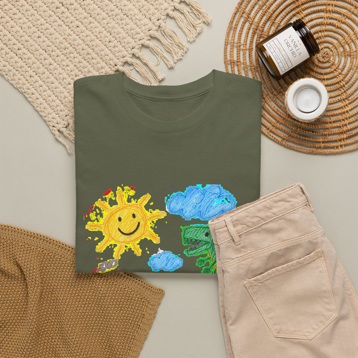 Kids Crayon Drawing T-Shirt Dinosaur Dog Sun House Cute Childlike Art Tee