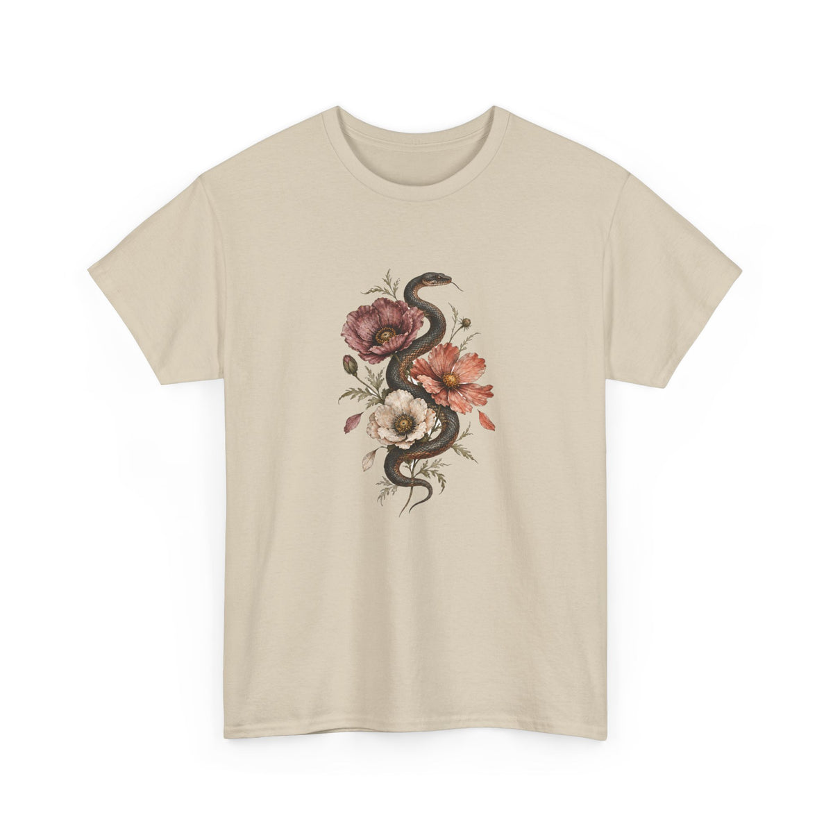 Snake and Poppies T-Shirt Vintage Botanical Serpent Flower Tattoo Style Tee