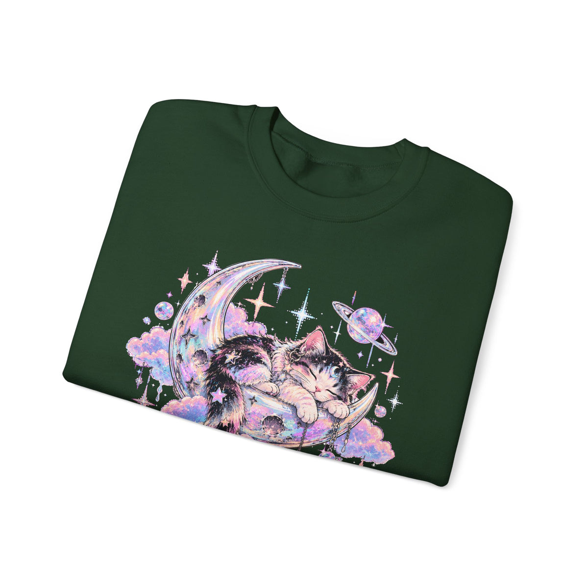 Sleeping Cat on Crescent Moon Sweatshirt Pastel Kawaii Celestial Kitten Crewneck