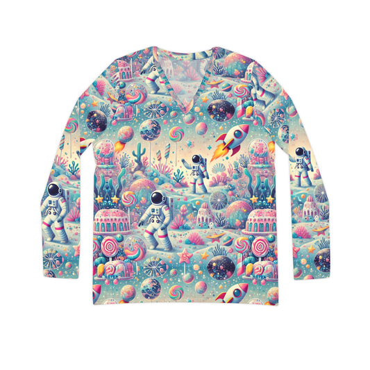 Pastel Astronaut Space Print Womens Long Sleeve V Neck Shirt
