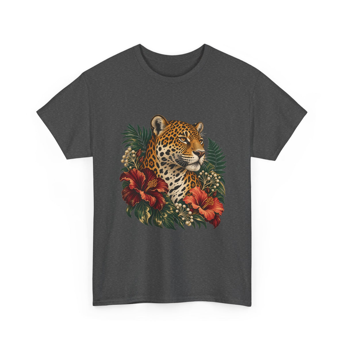 Jaguar Hibiscus Tropical T-Shirt Big Cat Floral Portrait Tee