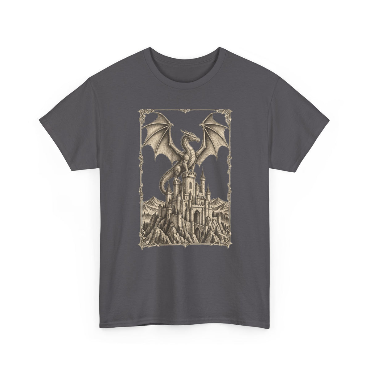 Gothic Dragon Castle T-Shirt Fantasy Stipple Ink Dragon Keep Tee