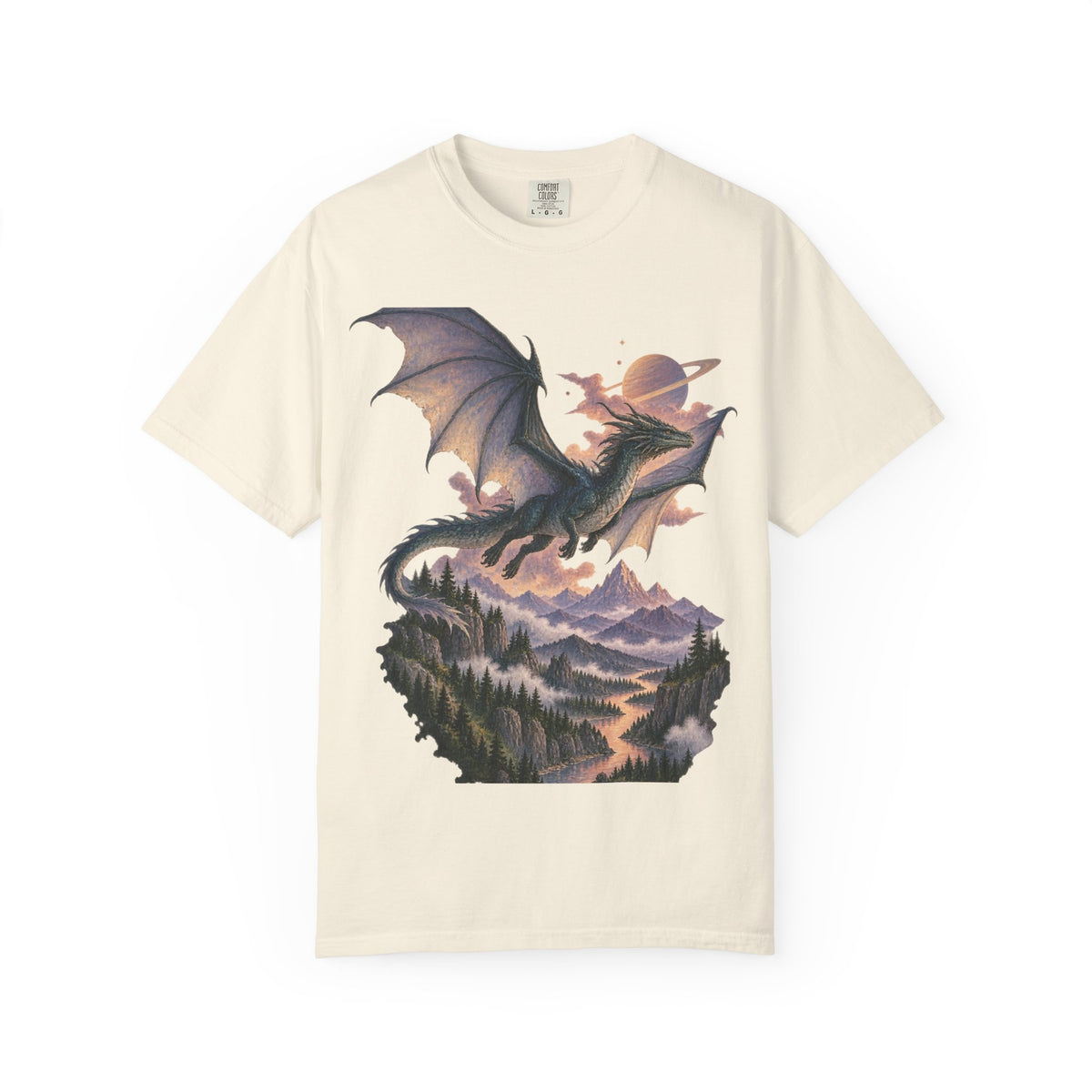 Celestial Dragon Over Forest Tee Fantasy Ringed Planet Mountain Shirt