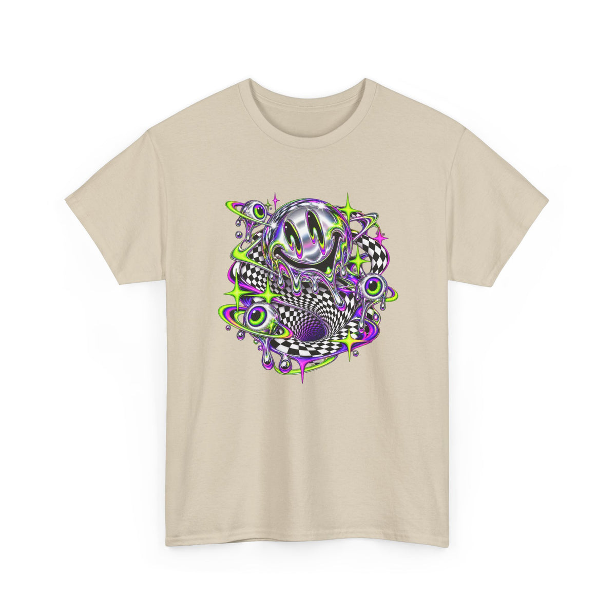 Chrome Melting Smiley T-Shirt Acid Trippy Y2K Psychedelic Tee