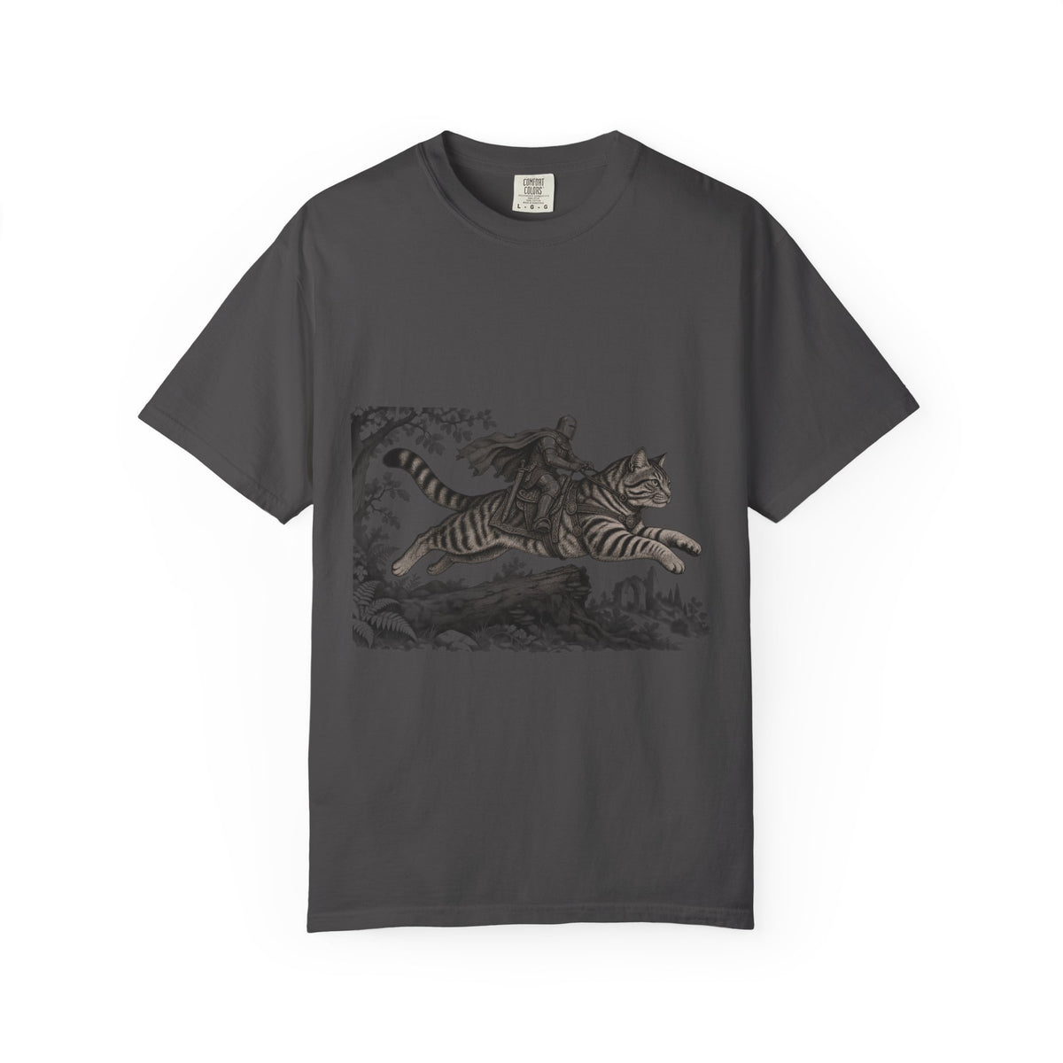 Medieval Knight Riding Leaping Tabby Cat Tee Dark Fantasy Moonlit Cat Shirt