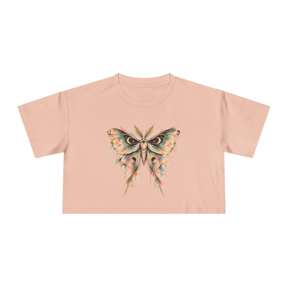 Celestial Luna Moth Crop Tee, Pastel Watercolor Moth Crescent Moon Stars Paint Drip Women's Cropped T-Shirt