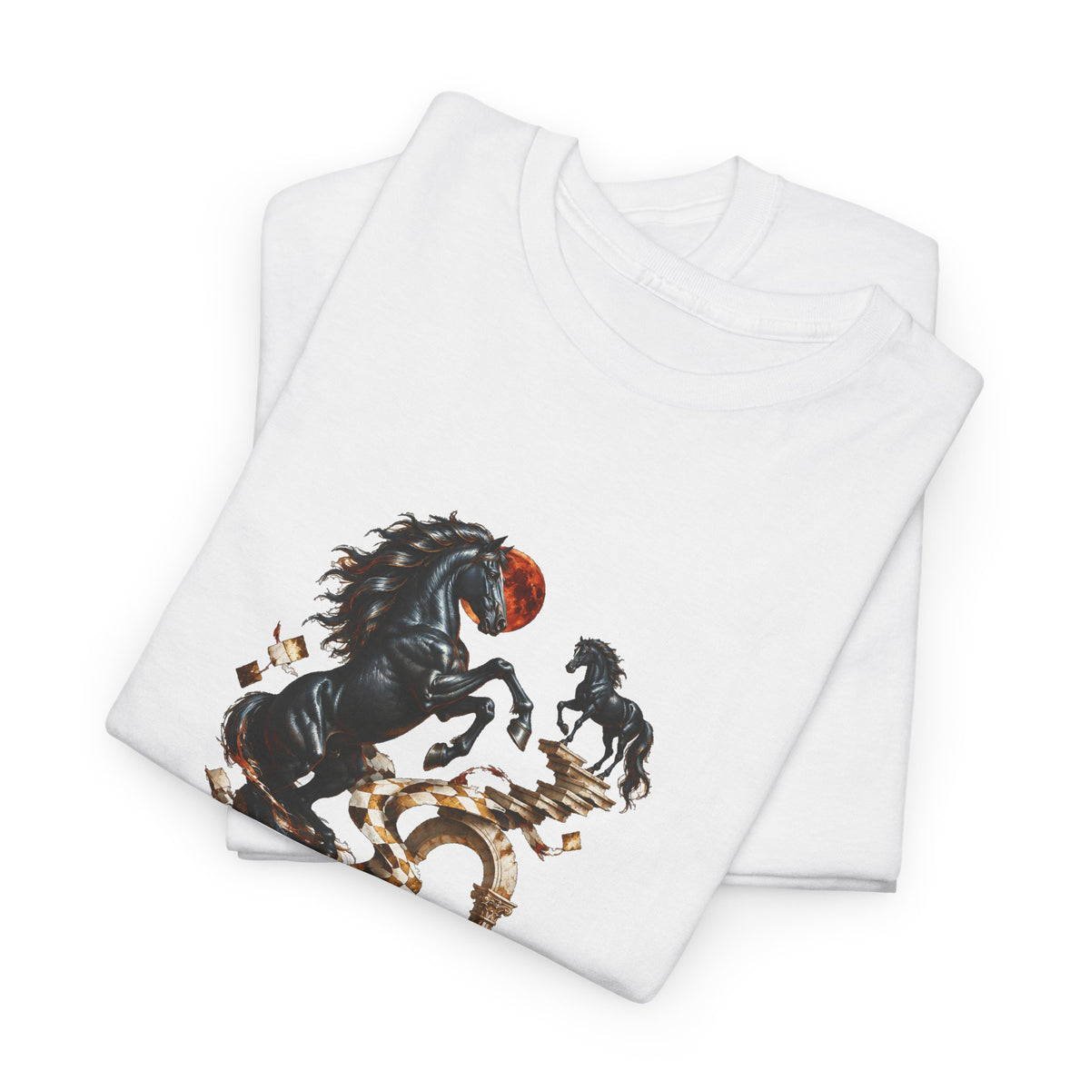Surreal Black Horses Chess Fantasy T-Shirt Rearing Stallions Stairs Moon Tee