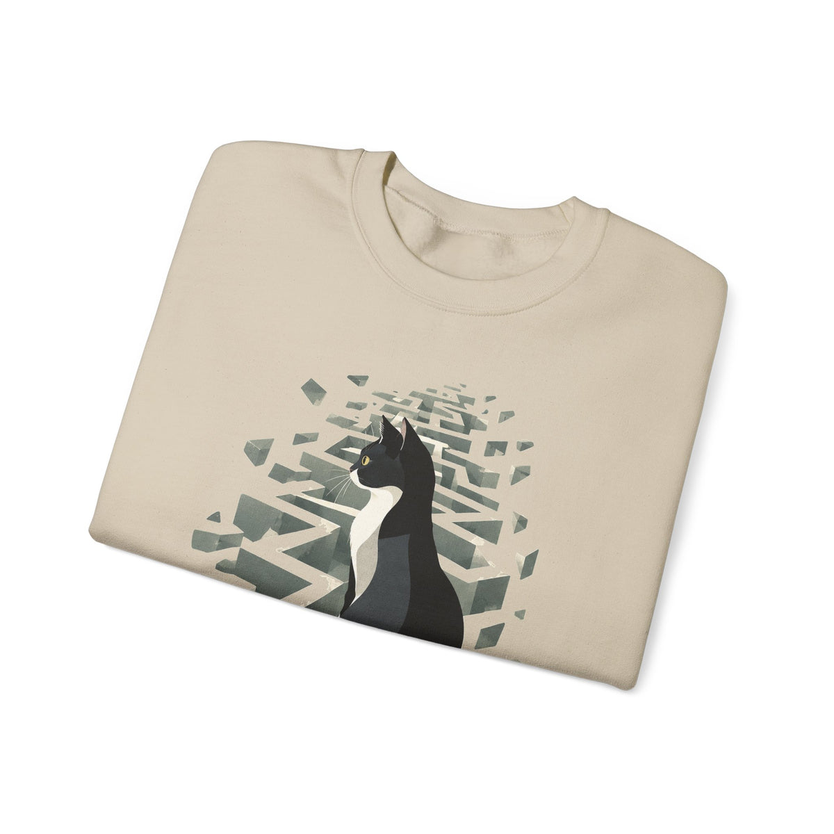 Tuxedo Cat 3D Maze Crewneck Sweatshirt Black and White Cat Surreal Labyrinth Art
