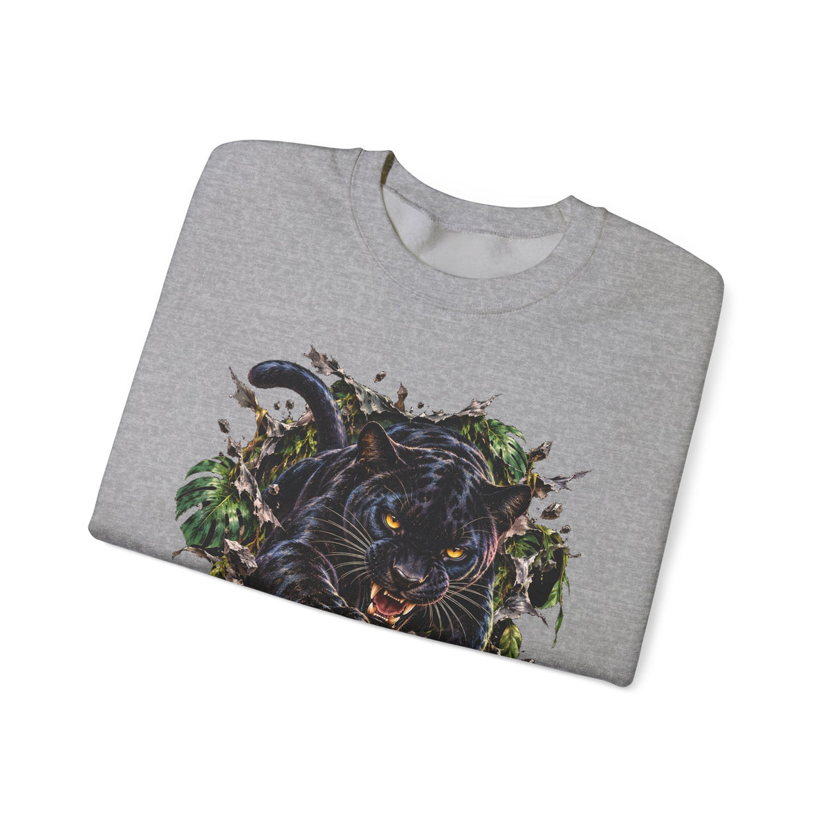 Black Jaguar Sweatshirt Snarling Big Cat Jungle Leaves Crewneck