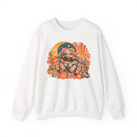 Groovy Jumping Spider Sweatshirt Retro 70s Flowers Moon Crewneck