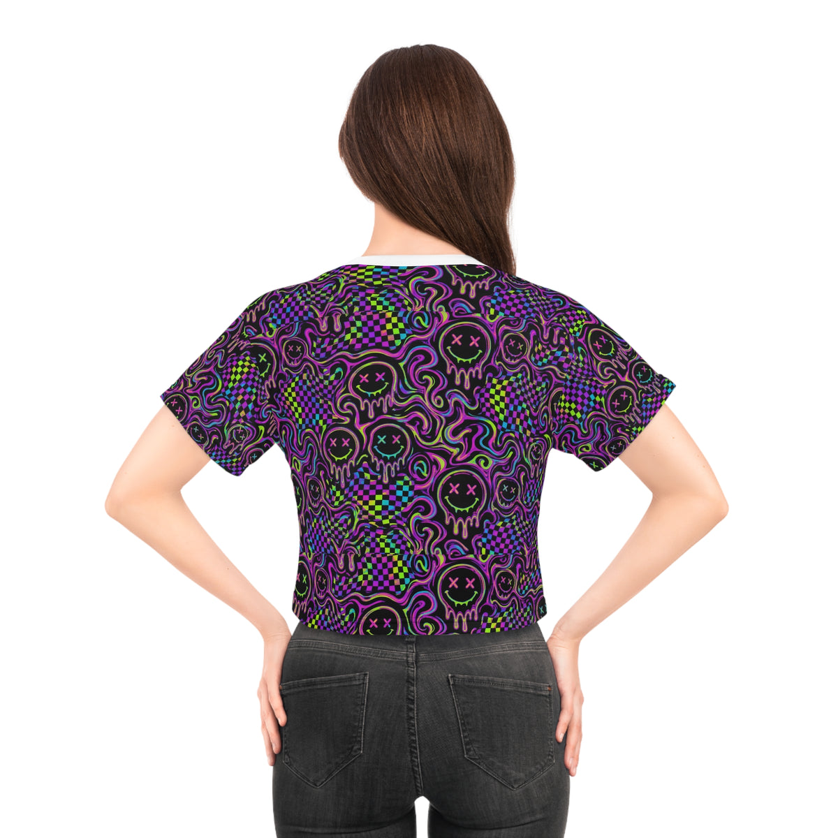 Neon Acid Smiley Rave Crop Top Women Trippy Checkerboard EDM Festival Outfit