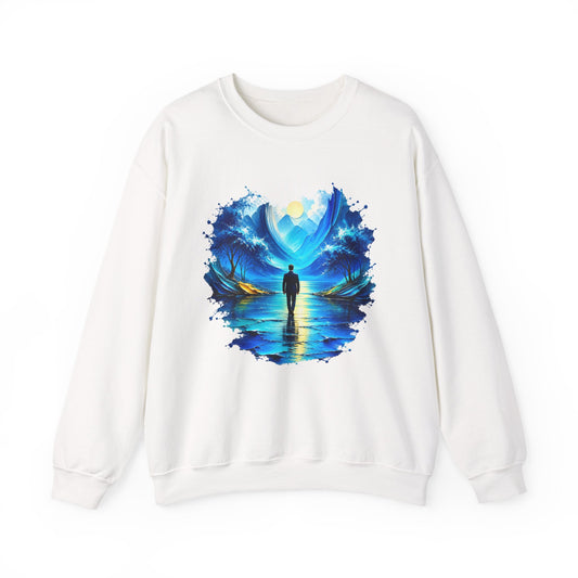 Blue Dreamscape Wanderer Crewneck Sweatshirt Man Walking on Water Toward the Sun Paint Splash Art
