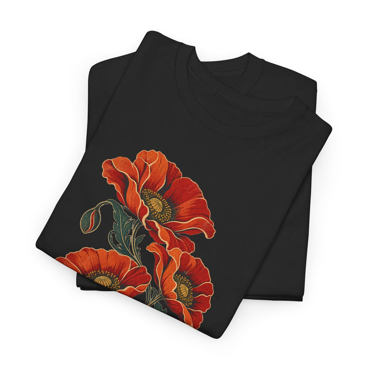 Orange Poppies Botanical T-Shirt Gold Outline Vintage Floral Tee