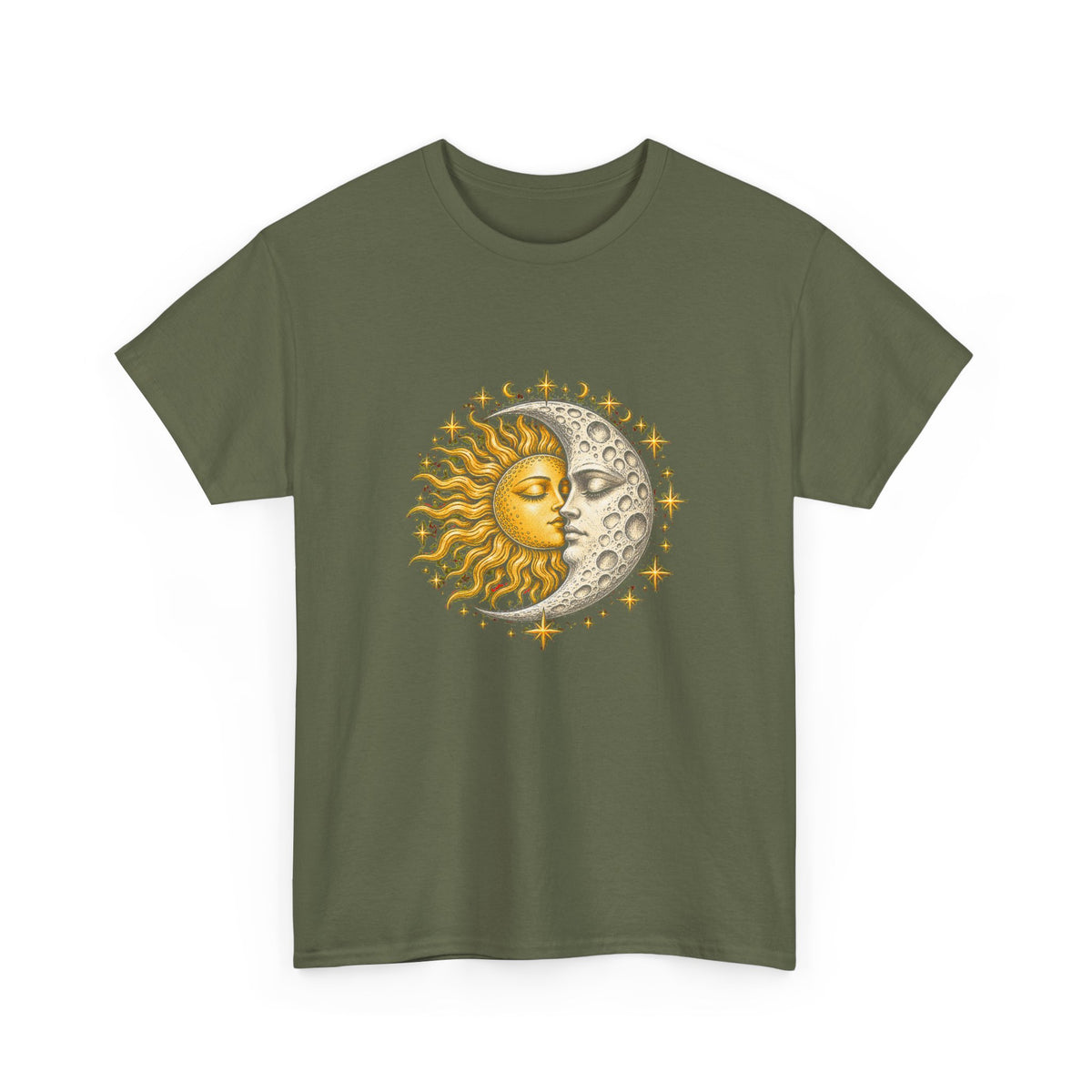 Celestial Sun and Moon Kiss T-Shirt Gold Silver Stars Romance Woodcut Tee