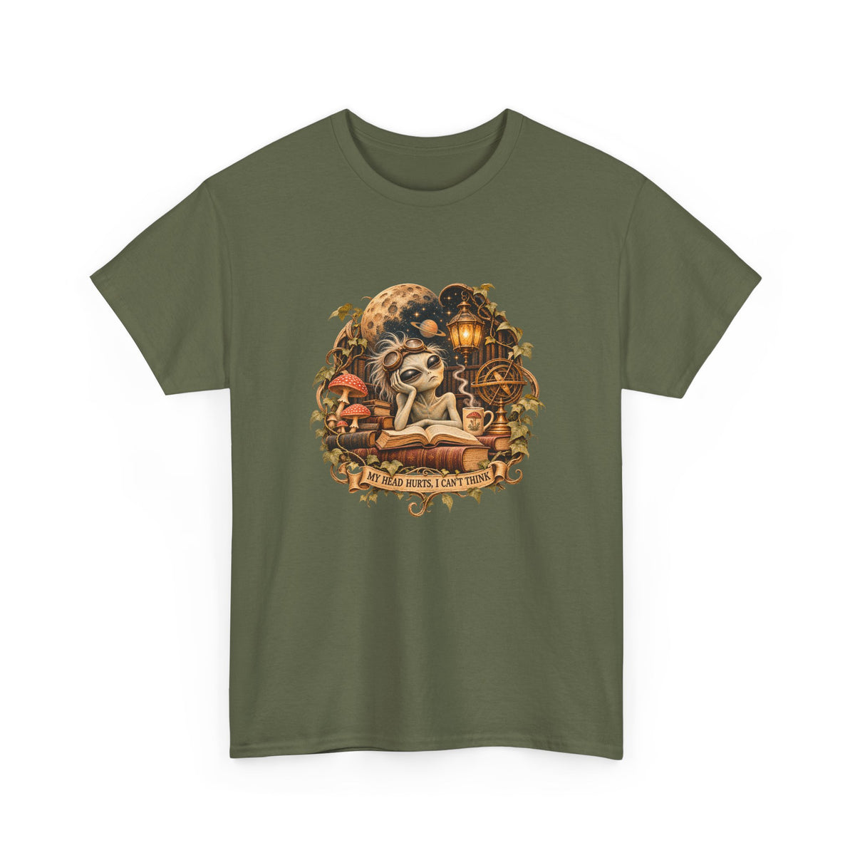 My Head Hurts I Can't Think T-Shirt Alien Scholar Books Funny Tee