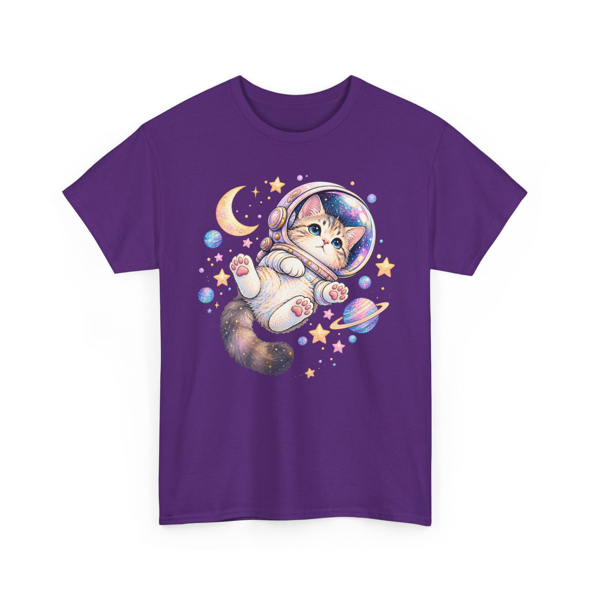 Astronaut Kitten T-Shirt, Cute Pastel Space Cat Helmet Moon Planets Stars Graphic Tee Unisex