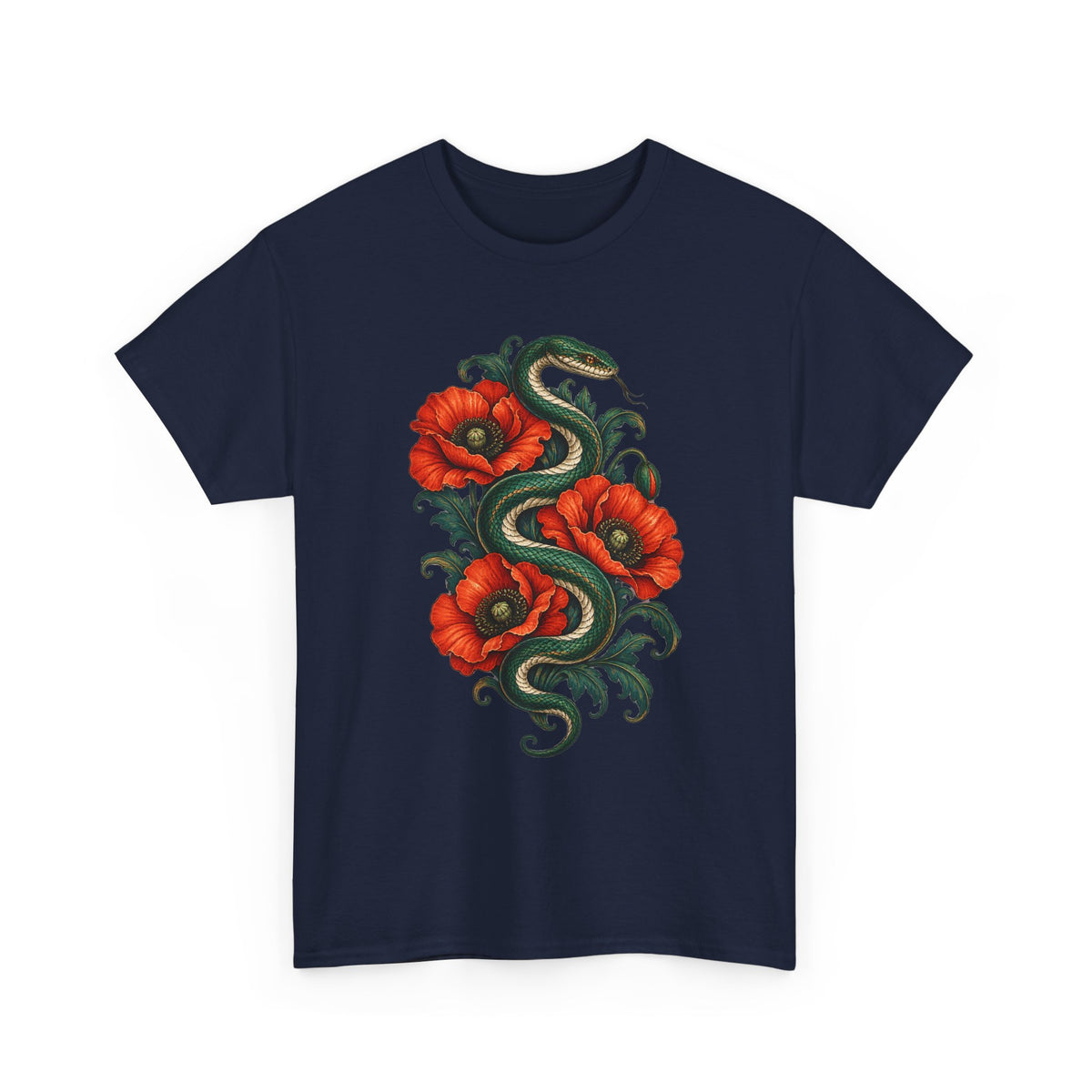 Green Snake Red Poppies T-Shirt Botanical Serpent Floral Tee