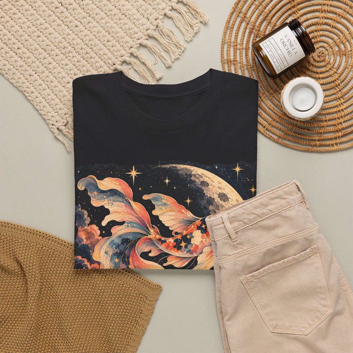 Koi Fish Moon T-Shirt Celestial Koi Night Sky Full Moon Graphic Tee Unisex