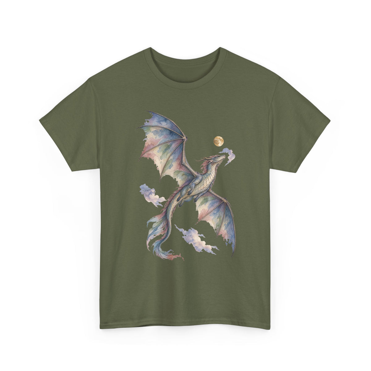 Watercolor Celestial Dragon Moon T-Shirt Fantasy Dragon Full Moon Clouds Dark Tee