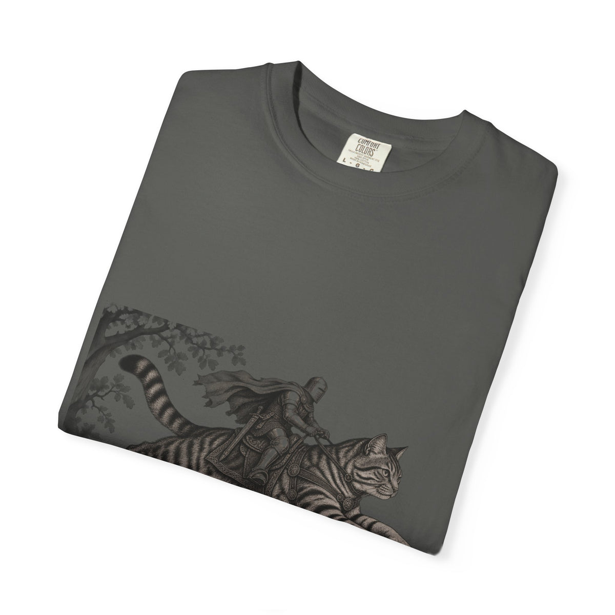 Medieval Knight Riding Leaping Tabby Cat Tee Dark Fantasy Moonlit Cat Shirt