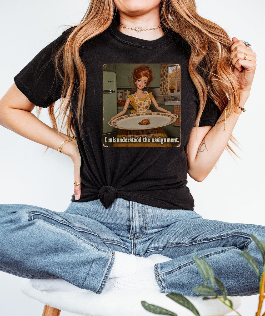 I Misunderstood the Assignment Funny Thanksgiving Tee Retro  - Comfort Colors tee closeup v4
