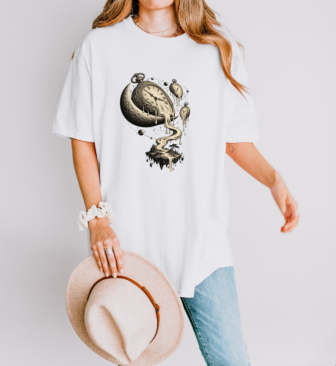 Melting Pocket Watch Crescent Moon Tee Surreal Celestial Tim - Comfort Colors tee model v4