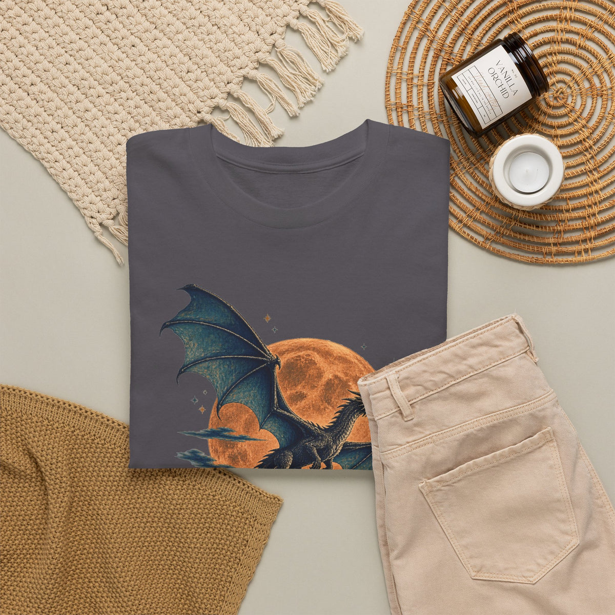 Dragon Full Moon Pine Forest T-Shirt Woodcut Fantasy Dragon Orange Moon Mountains Tee