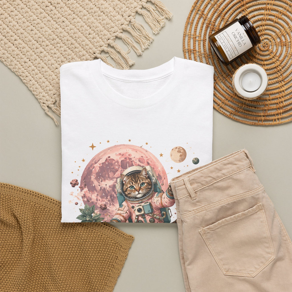 Tabby Cat Astronaut T-Shirt Pastel Pink Moon Space Cat Waving Tee