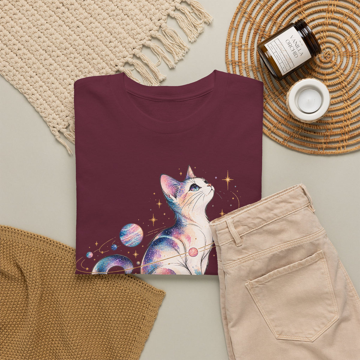 Cosmic Galaxy Cat T-Shirt, Pastel Watercolor Cat Planets Gold Stars Celestial Graphic Tee Unisex