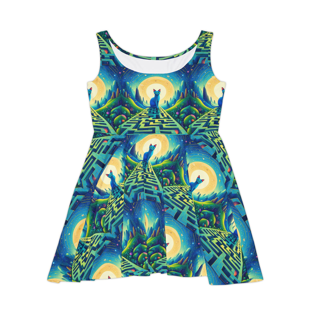 Blue Cat Full Moon Maze Skater Dress Womens All Over Print