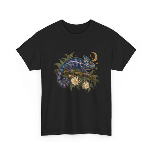 Night Bloom Chameleon T-Shirt Celestial Crescent Moon Ferns Reptile Tee