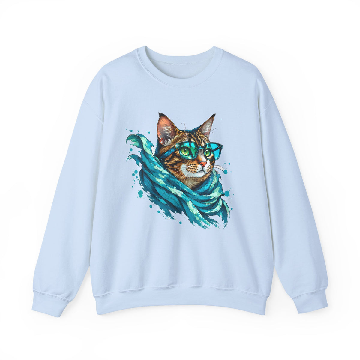 Tabby Cat in Glasses and Scarf Crewneck Sweatshirt Cool Hipster Cat Teal Splash Art