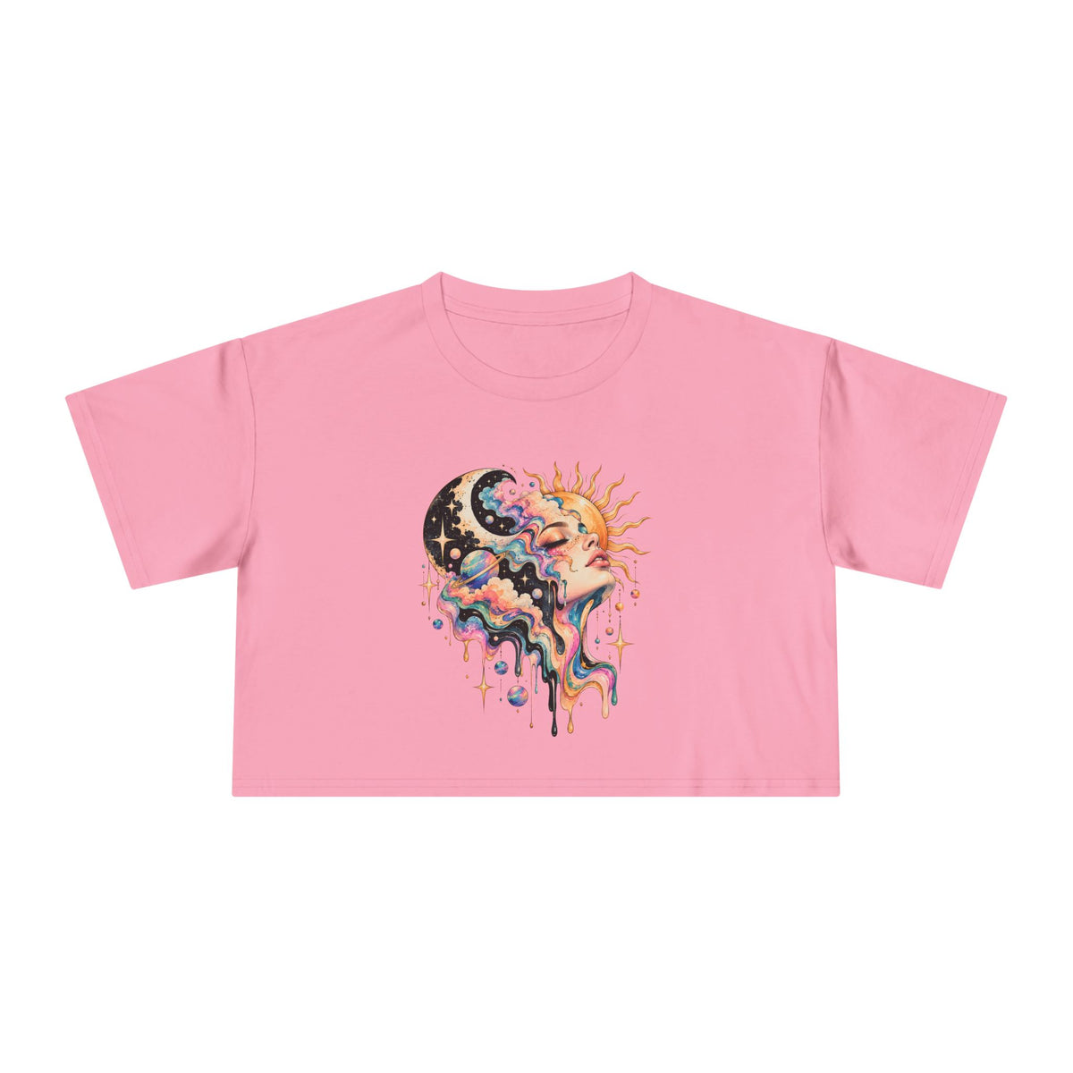 Celestial Sun and Moon Woman Crop Tee, Pastel Cloud Hair Melting Drip Planets Stars Women's Cropped T-Shirt