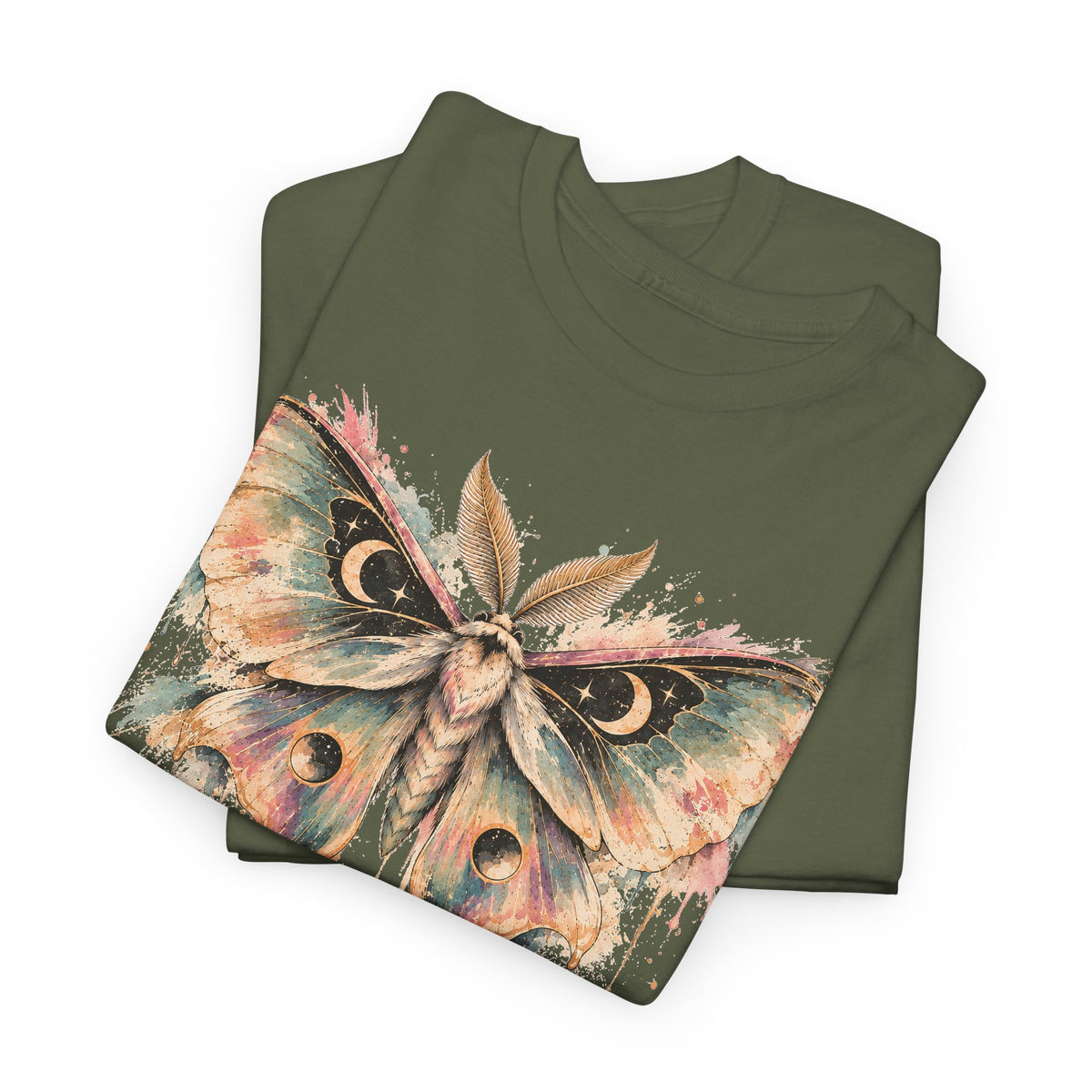 Celestial Luna Moth T-Shirt, Pastel Watercolor Moth Crescent Moon Stars Paint Drip Graphic Tee Unisex