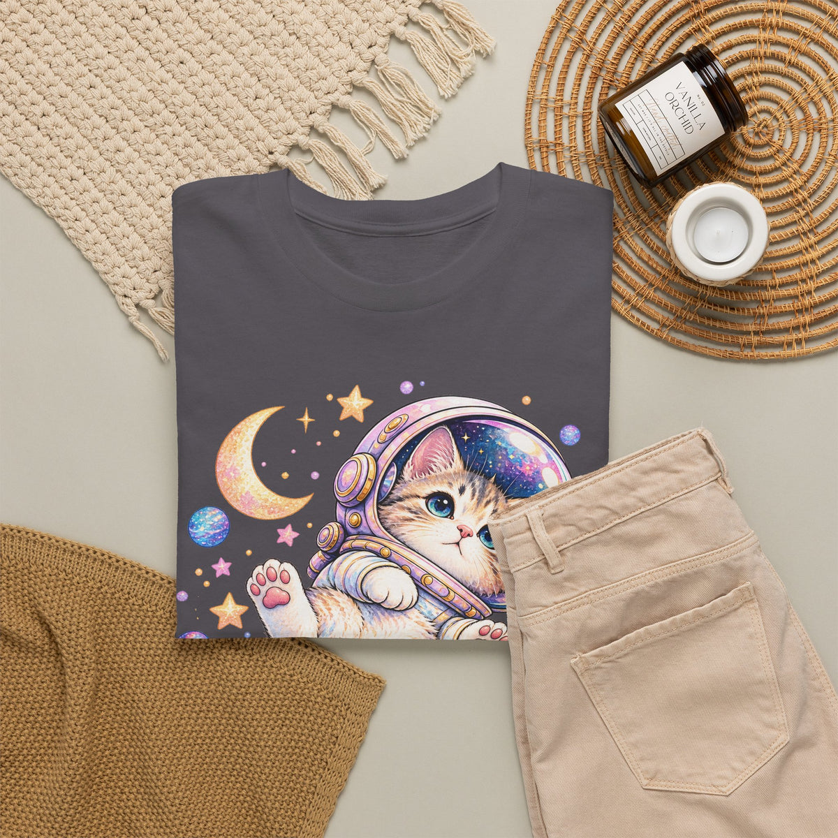 Astronaut Kitten T-Shirt, Cute Pastel Space Cat Helmet Moon Planets Stars Graphic Tee Unisex