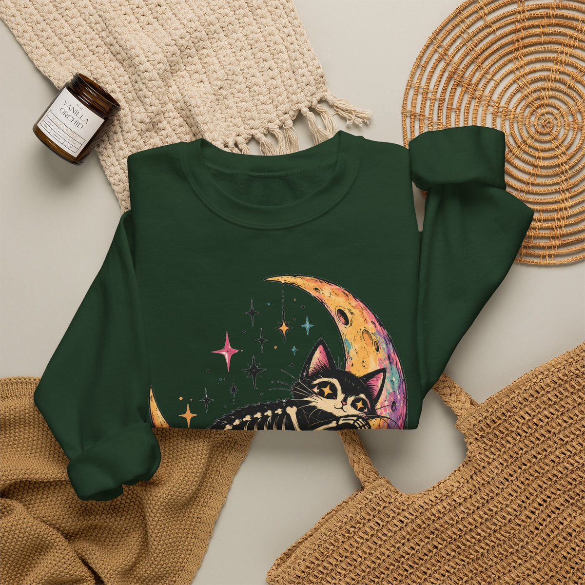 Skeleton Cat Moon Sweatshirt Pastel Goth Crescent Moon Black Cat Crewneck