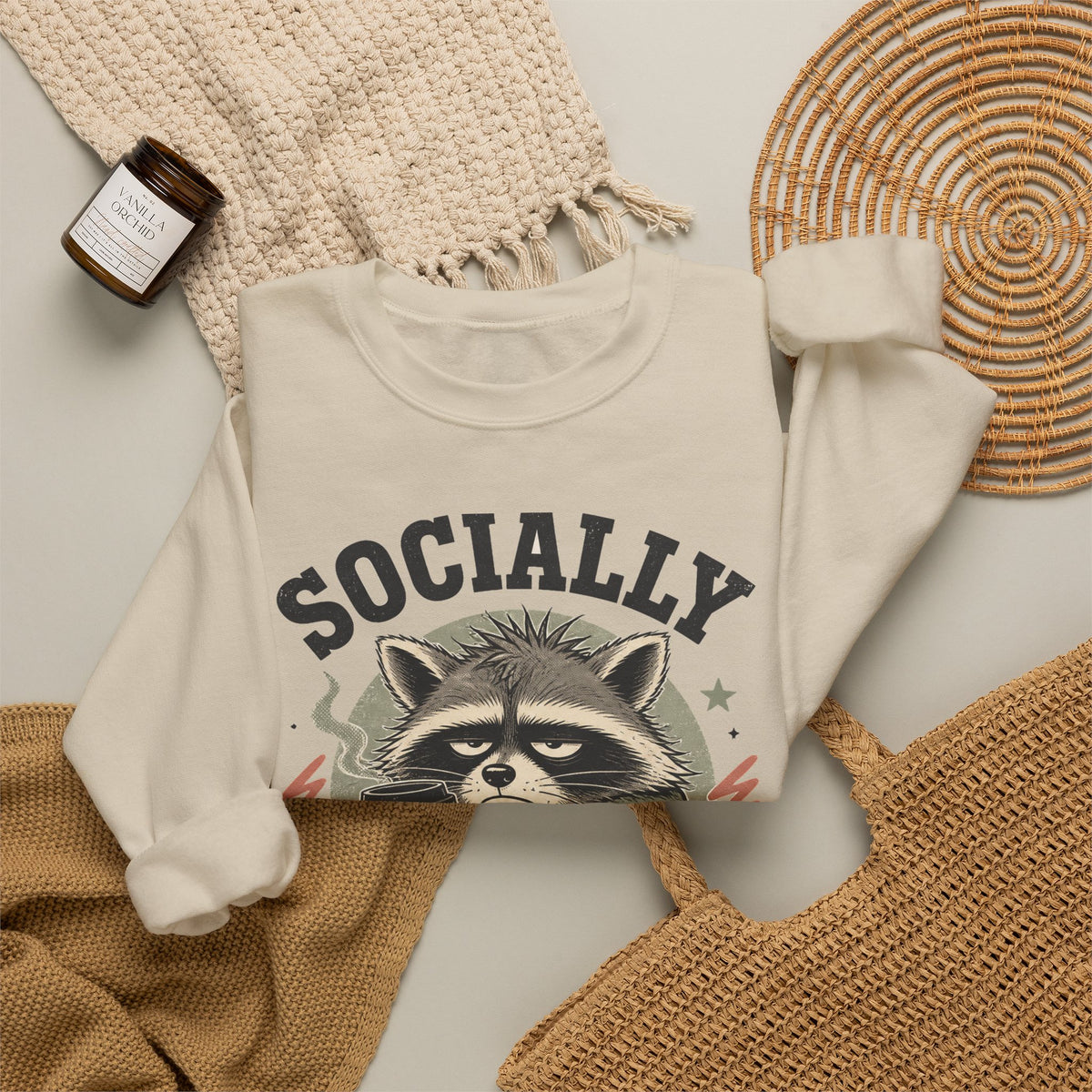 Socially Exhausted Raccoon Sweatshirt Funny Introvert Coffee