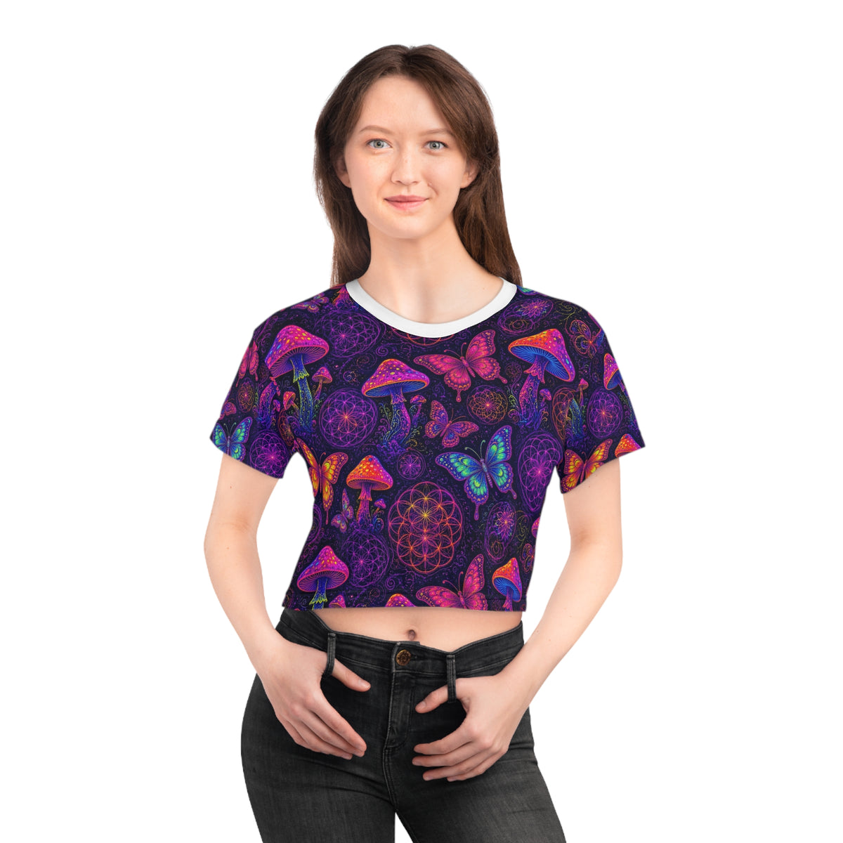 Neon Mushroom Butterfly Sacred Geometry Rave Crop Top Women Psychedelic EDM