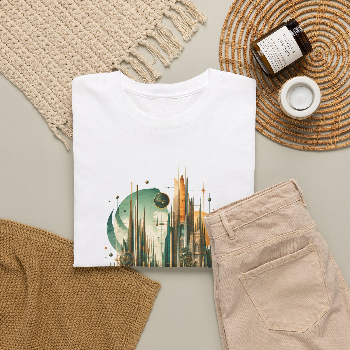 Art Deco Emerald City T-Shirt Gold Fantasy Skyline Roses Stairway Art