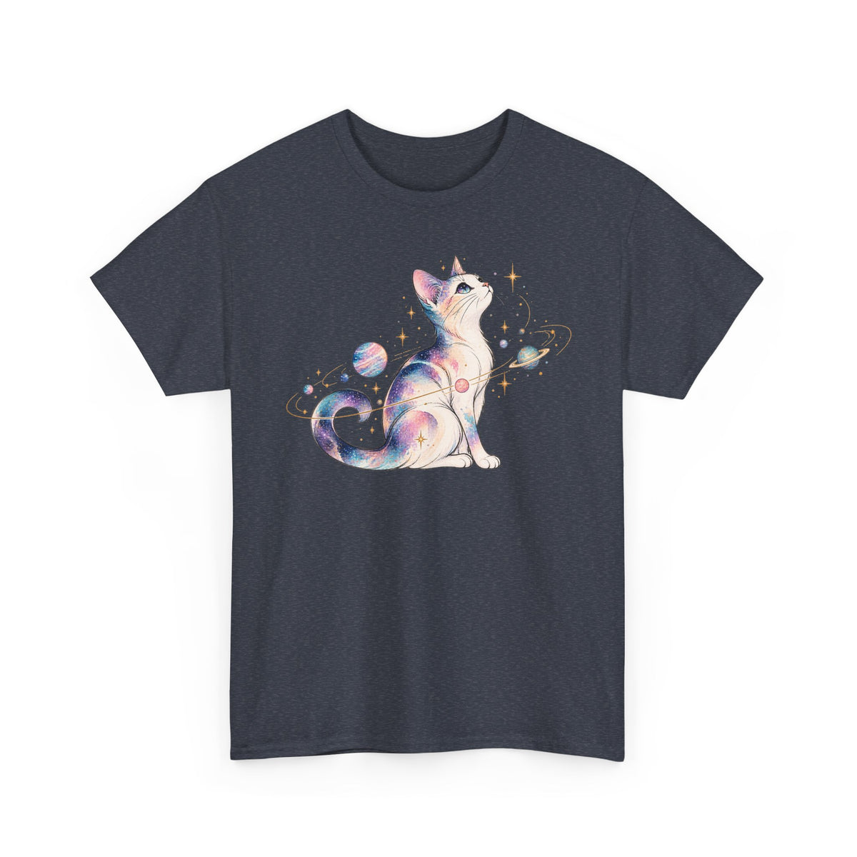 Cosmic Galaxy Cat T-Shirt, Pastel Watercolor Cat Planets Gold Stars Celestial Graphic Tee Unisex