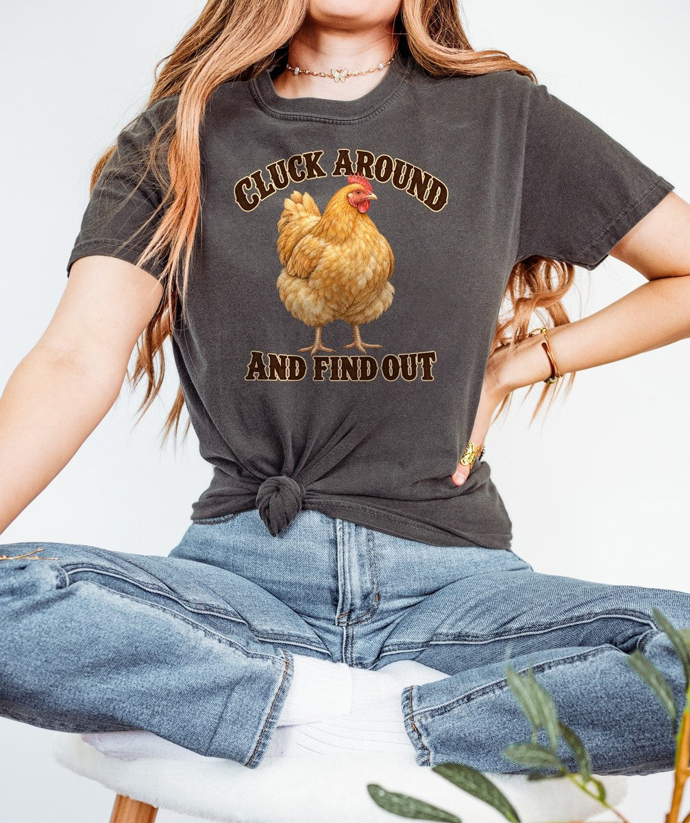 Cluck Around and Find Out Golden Hen Tee Funny Chicken FAFO  - Comfort Colors tee closeup v4